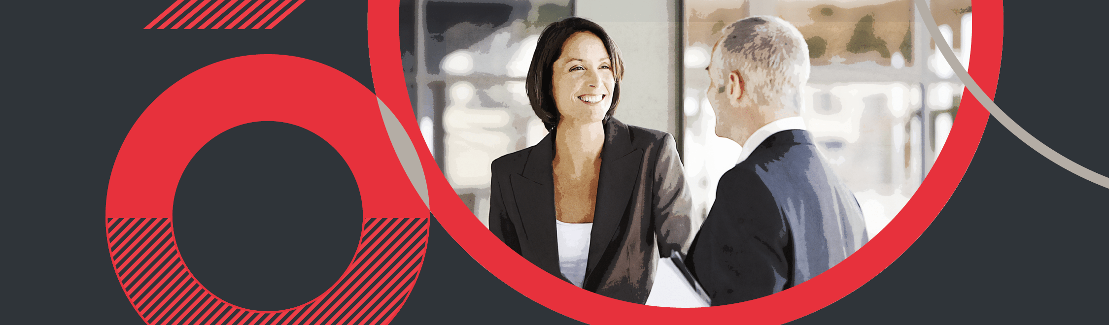 A decorative banner image showing a woman and man in business attire talking inside the red qunderwriting circle graphic.
